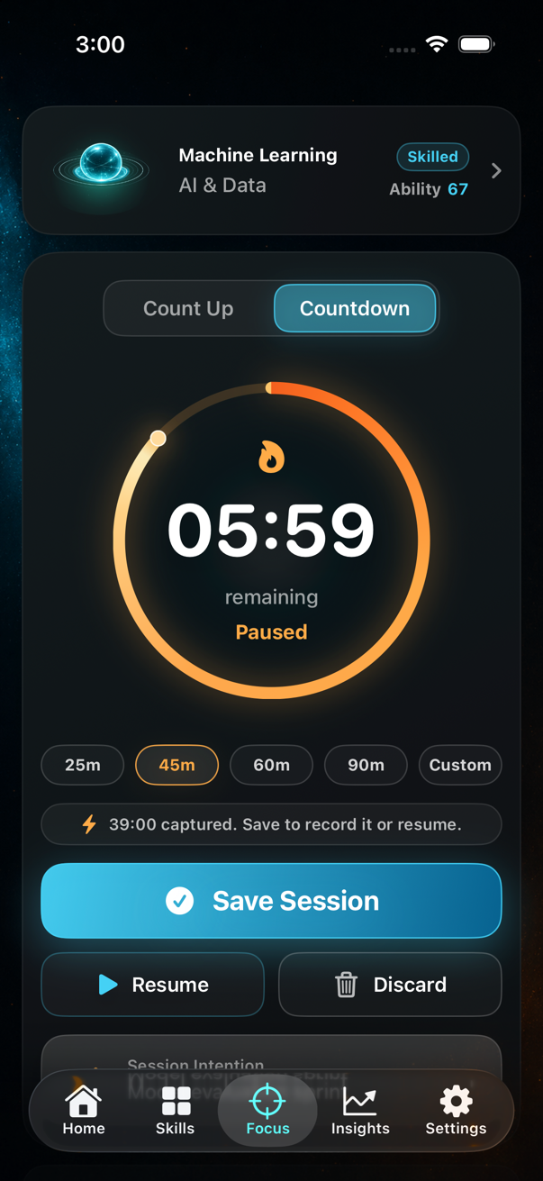 Sol focus timer running with seeded practice data