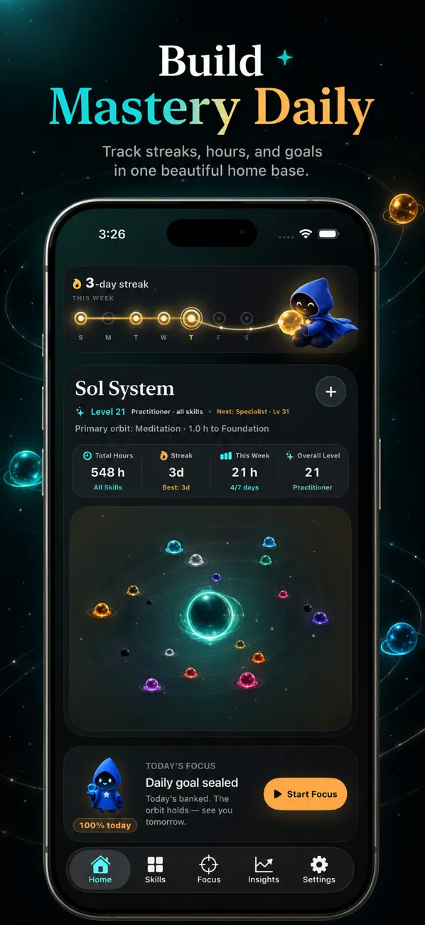Sol home screen with skill orbs, streak and weekly progress